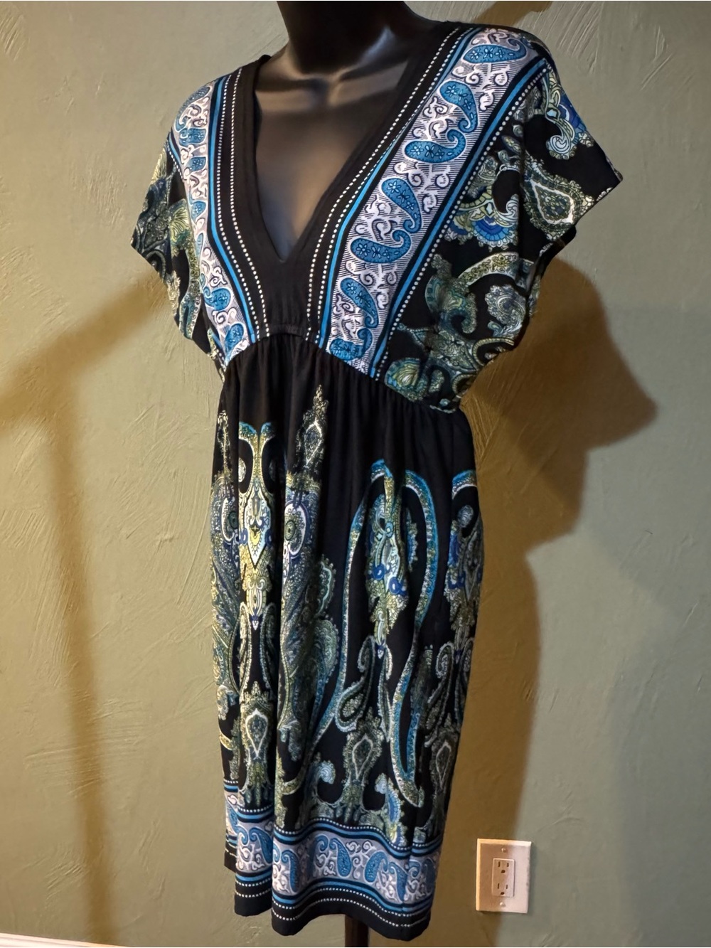 Bailey Blue Paisley V-Neck Dress Empire Waist Women's Size M Black Blue Green - Picture 4 of 13